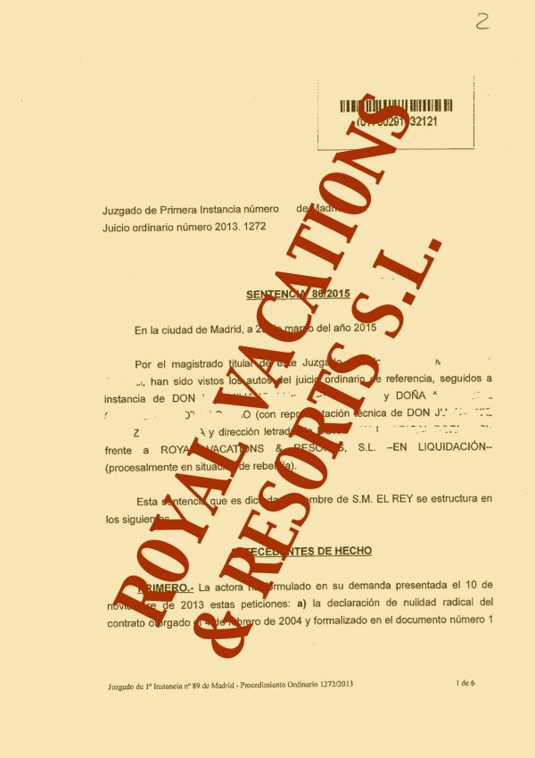 Imagen de la sentencia contra ROYAL VACATIONS & RESORTS S.L.